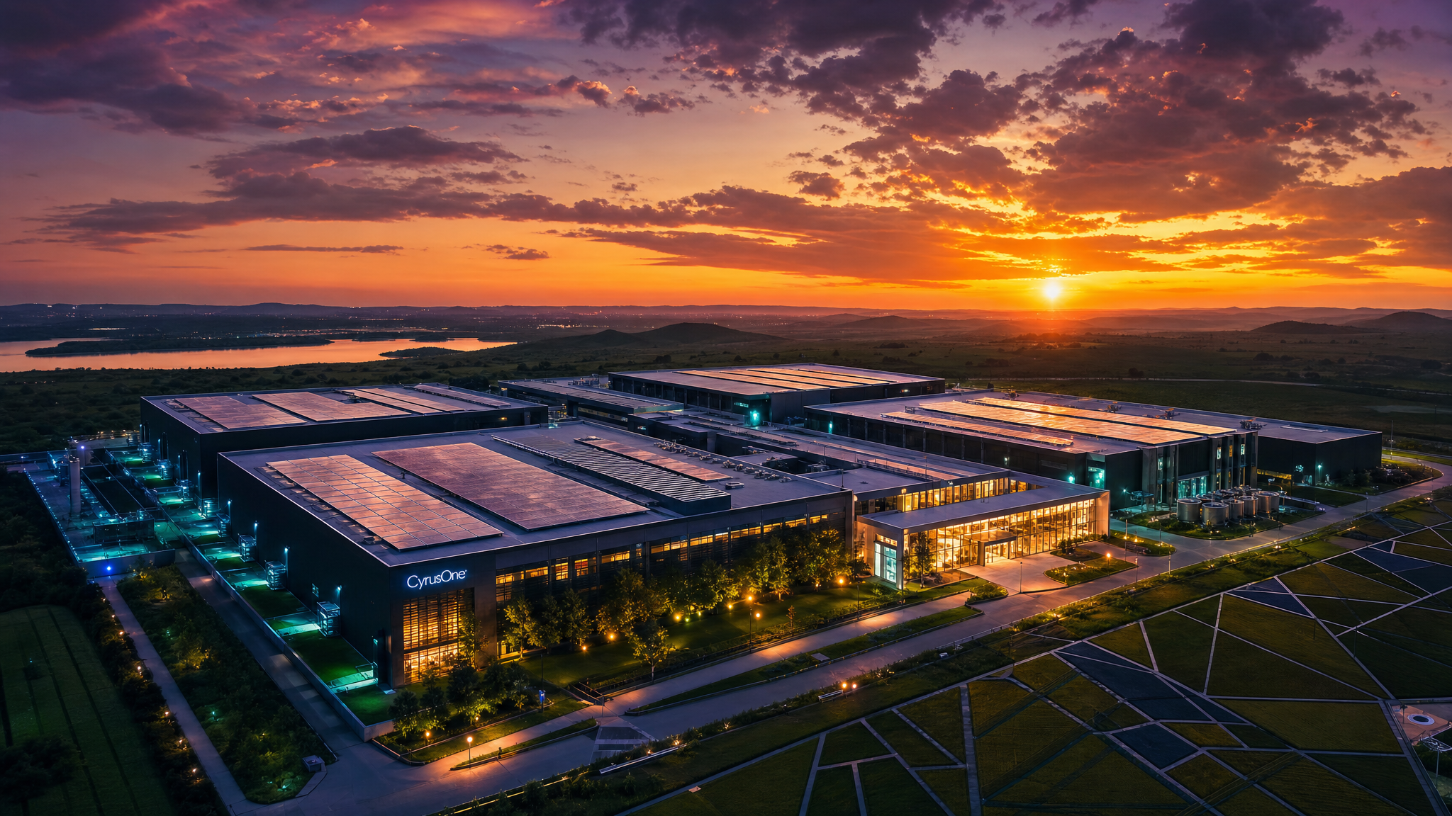 Aerial view of a sustainable data center campus at dusk with solar panels