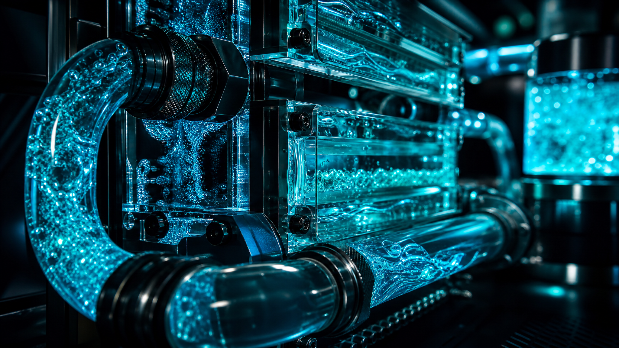 Abstract liquid cooling with flowing coolant and cyan glow