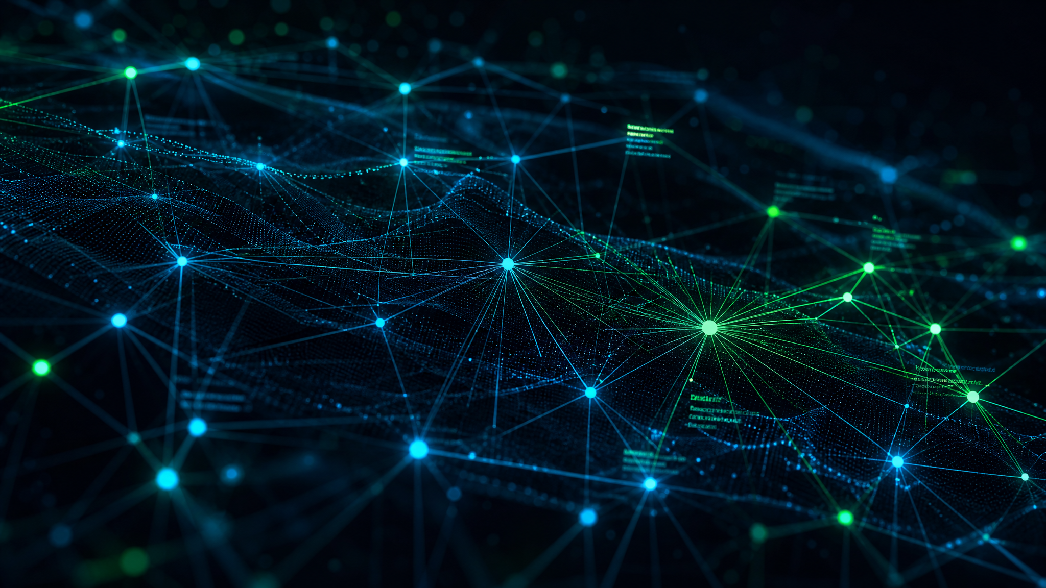 Glowing neural network mesh with cyan and green nodes