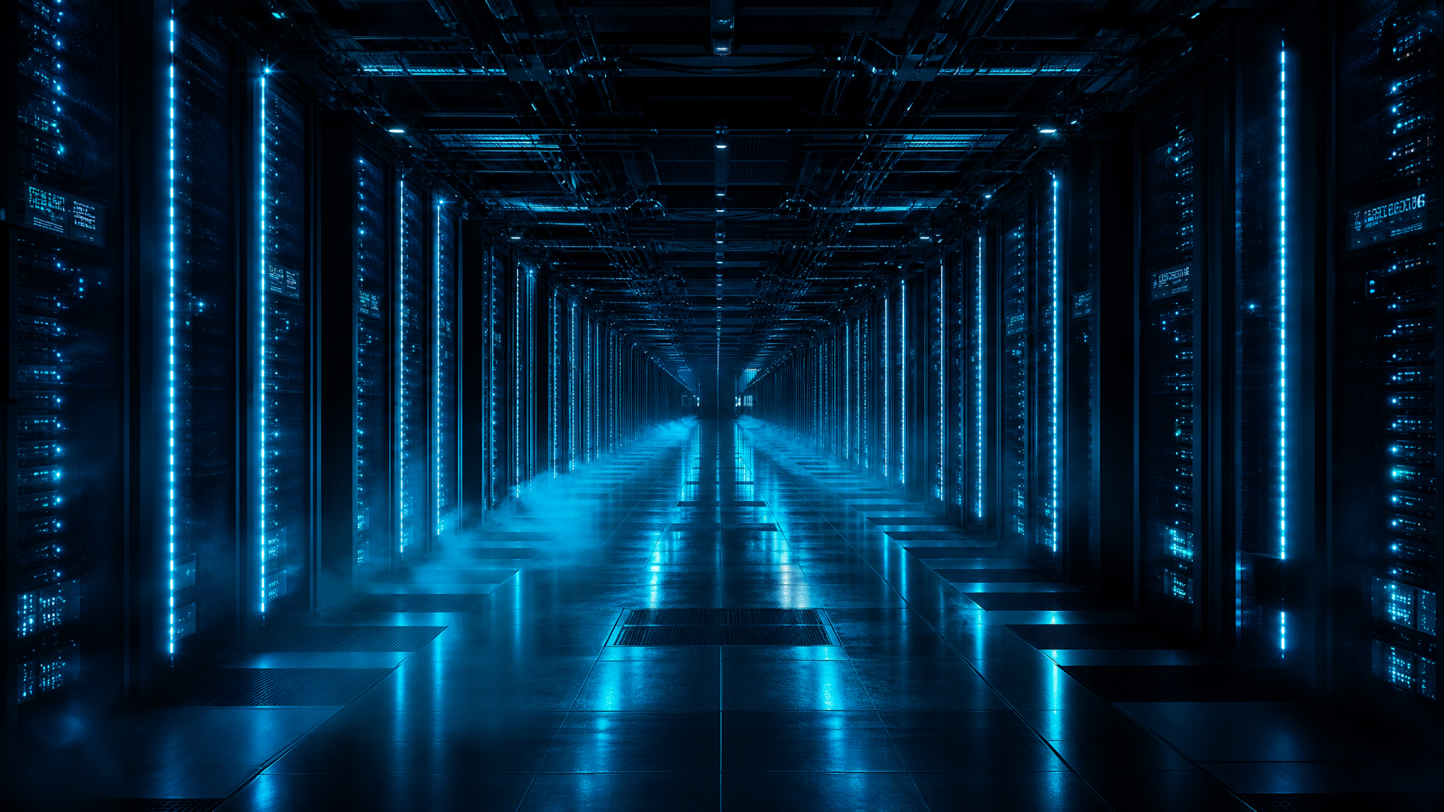Hyperscale AI data center server hall with glowing cyan-lit racks